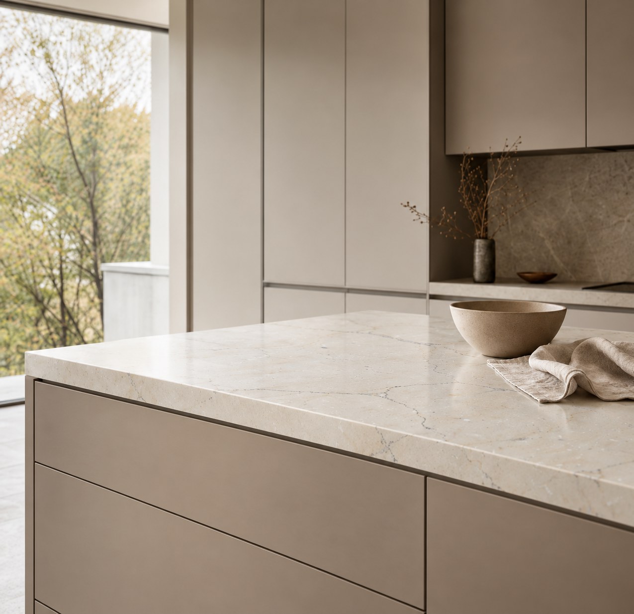 Modern kitchen with a light stone benchtop