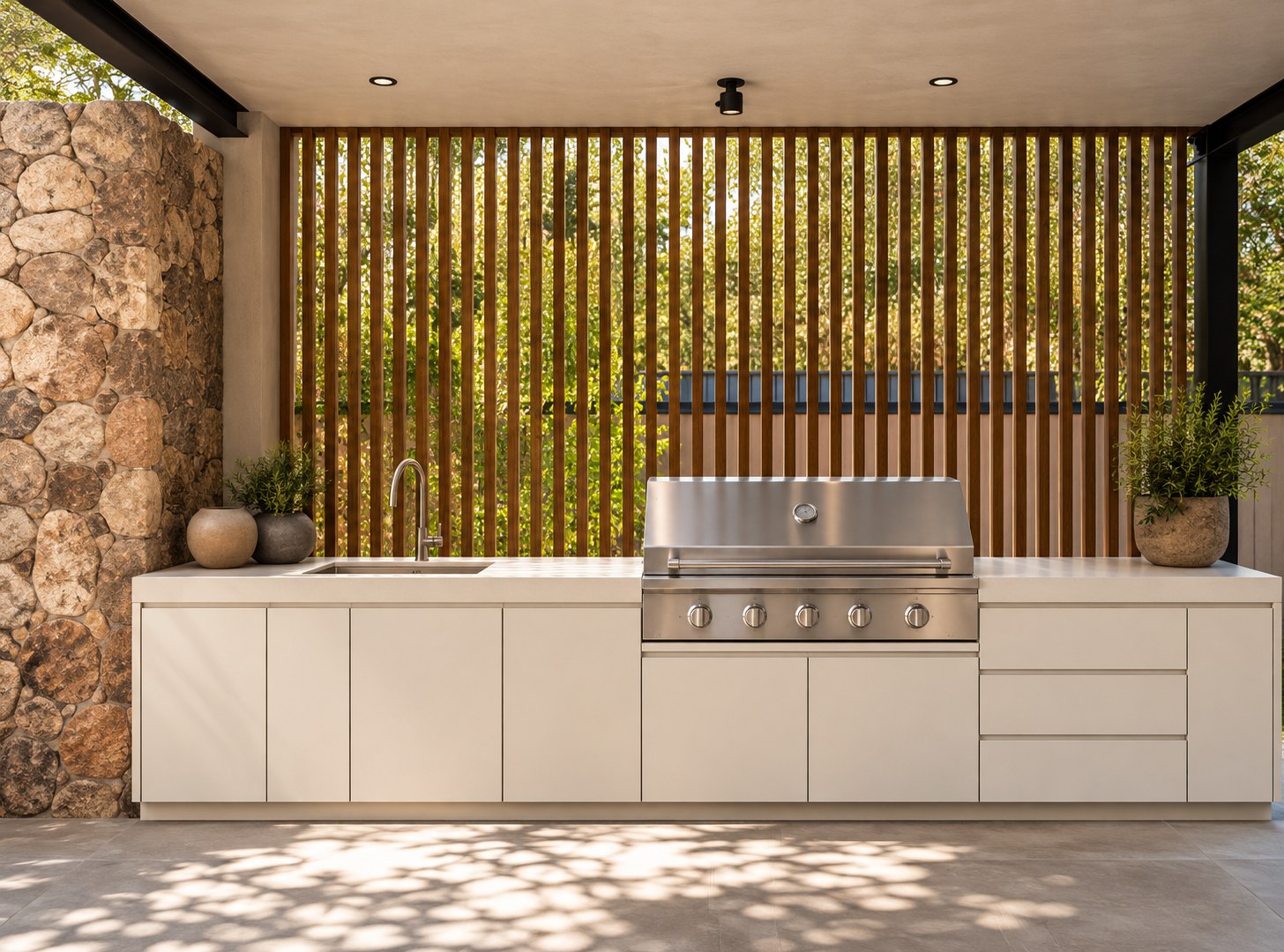 Outdoor BBQ kitchen with white cabinetry and a stainless steel BBQ