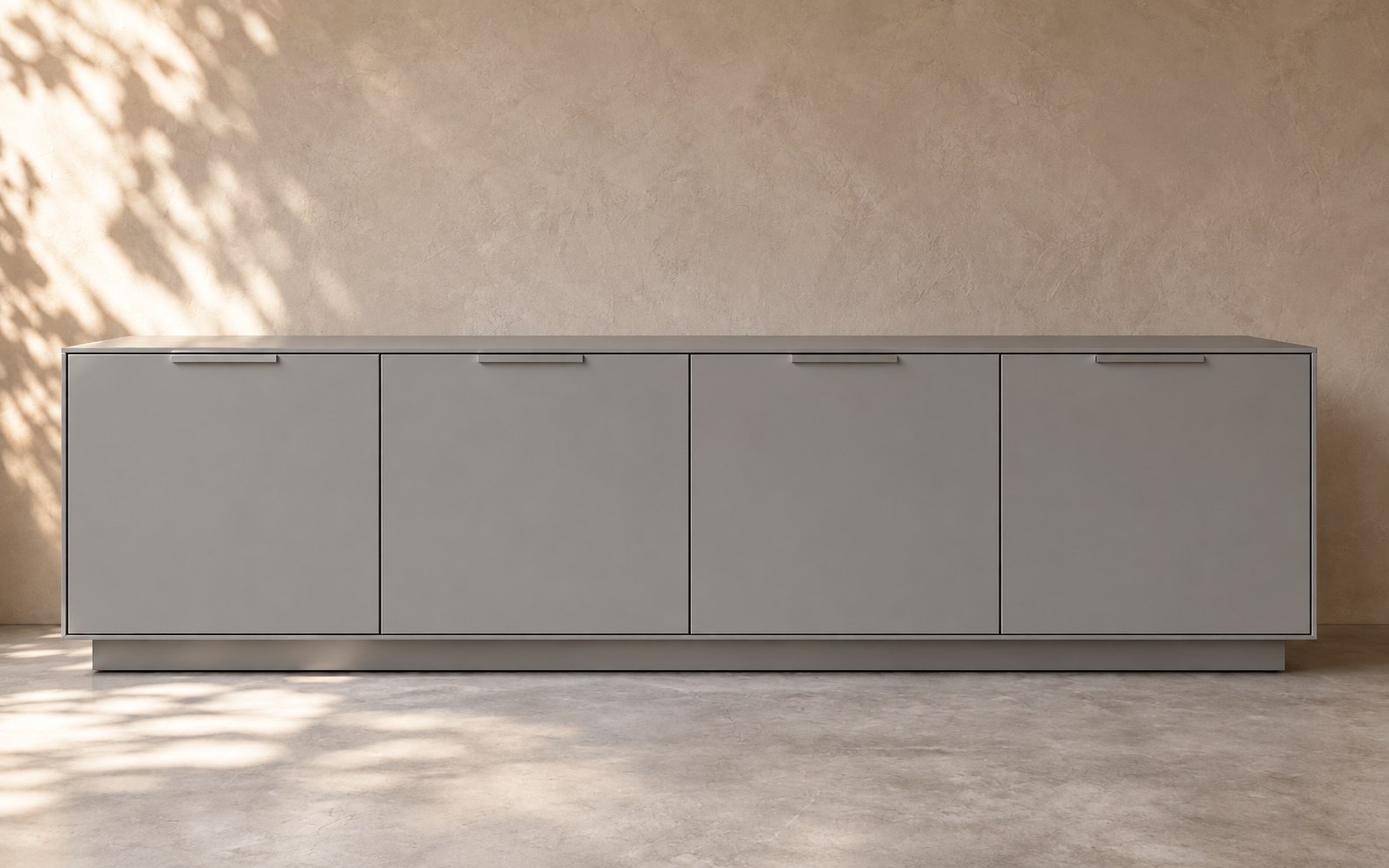 Finished cabinet in a smooth matte grey steel surface