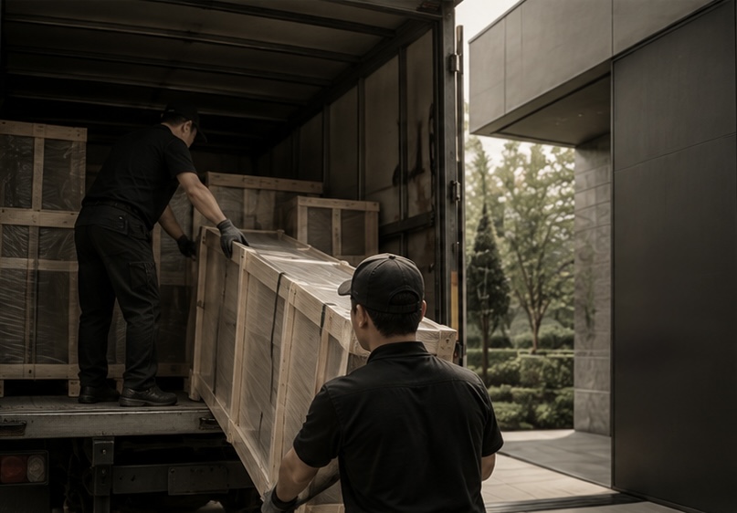 Crated cabinetry being unloaded from a delivery truck