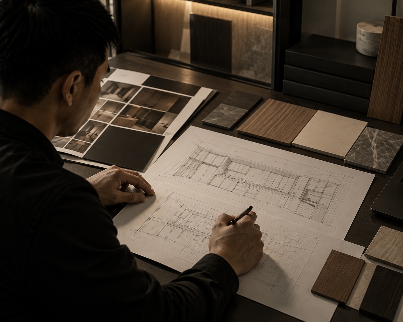 Designer sketching a cabinetry elevation alongside material samples