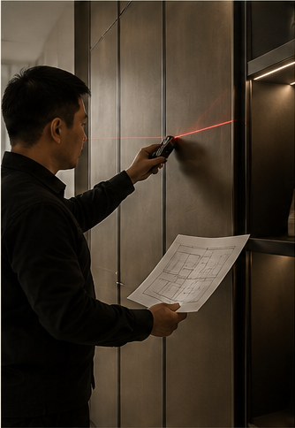 Craftsman laser-measuring an existing cabinetry run