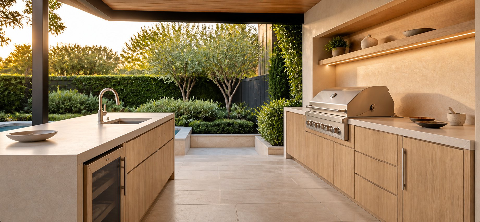 Premium outdoor kitchen with timber-look cabinetry, integrated BBQ and stone benchtops in an alfresco setting