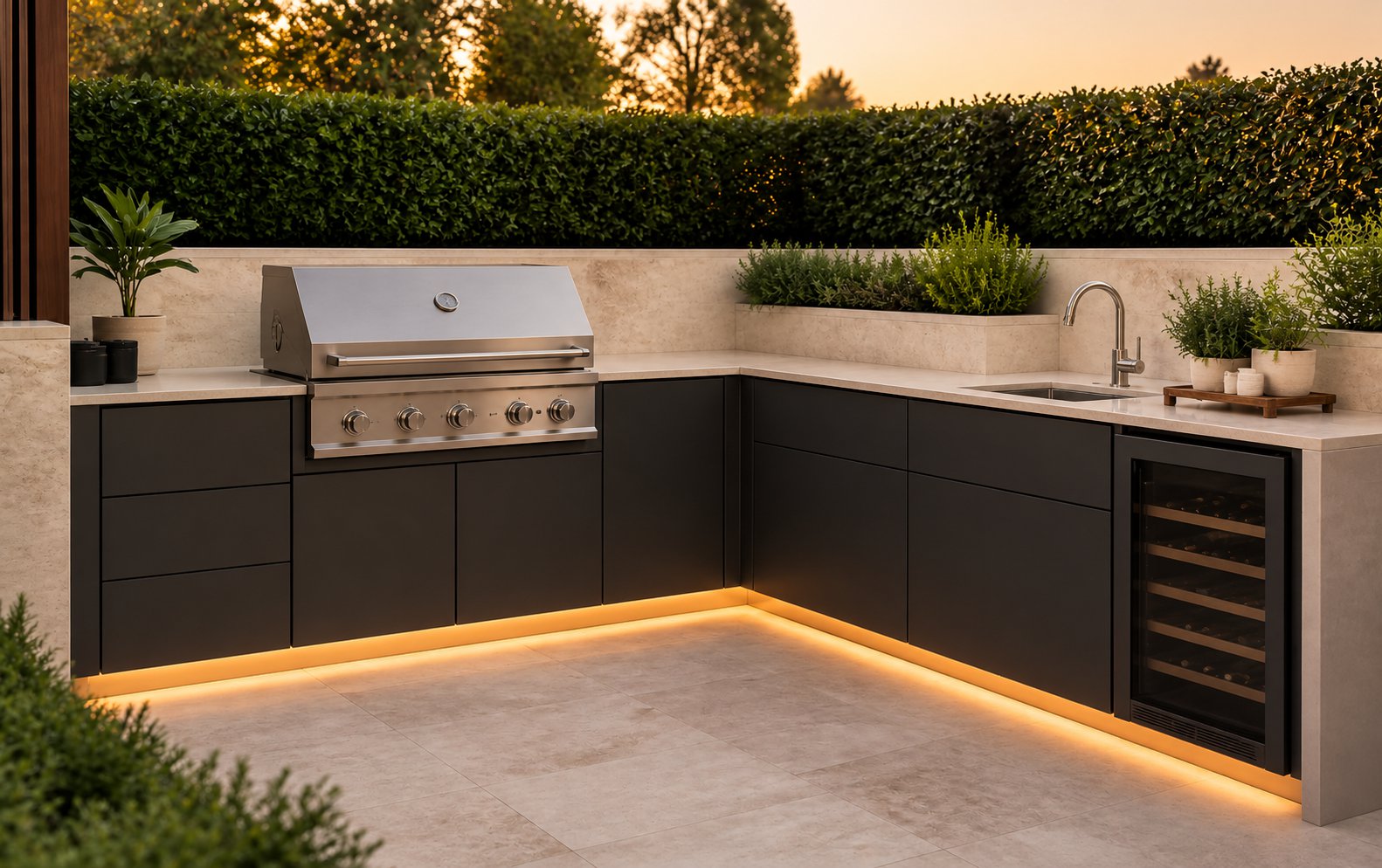 L-shaped matte black outdoor kitchen with integrated BBQ, sink and wine fridge at golden hour