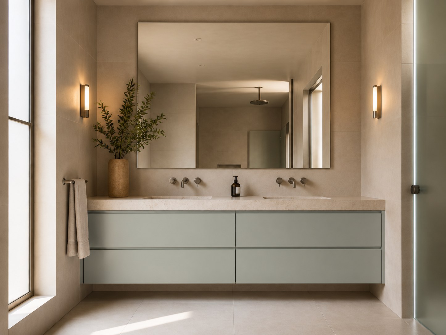 Minimalist bathroom vanity with sage green cabinetry, stone benchtop and large mirror