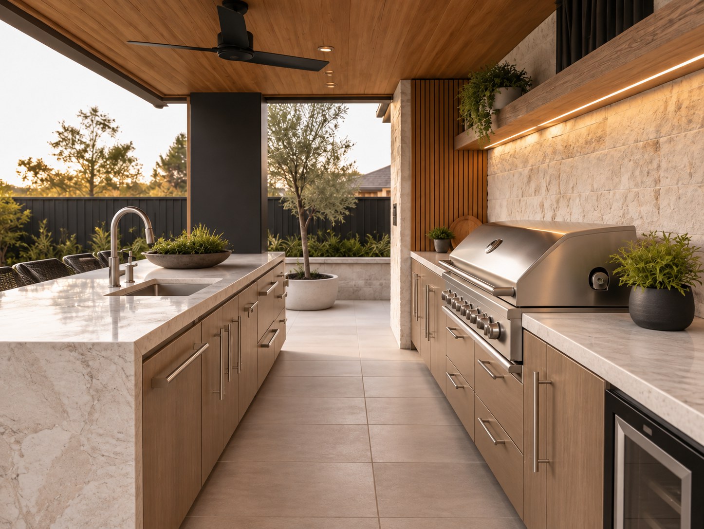 Outdoor kitchen with timber-look cabinetry, built-in BBQ and stone benchtops in an alfresco patio