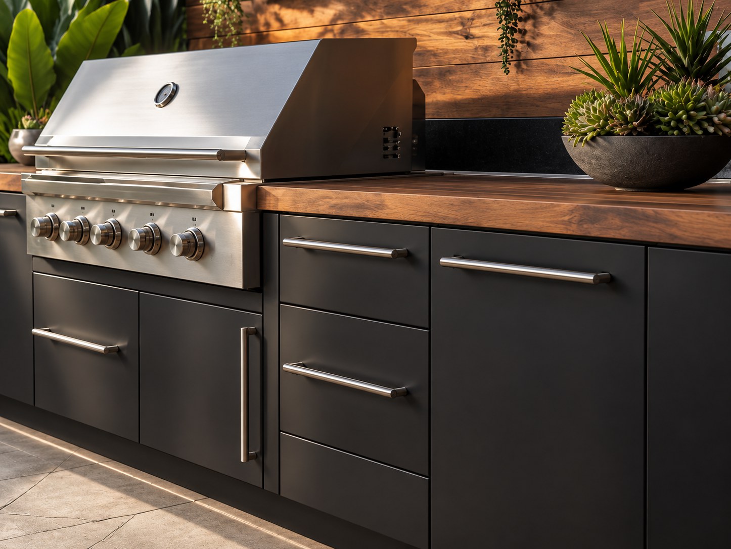 Close-up of custom matte black BBQ cabinetry with integrated grill and warm wood benchtop