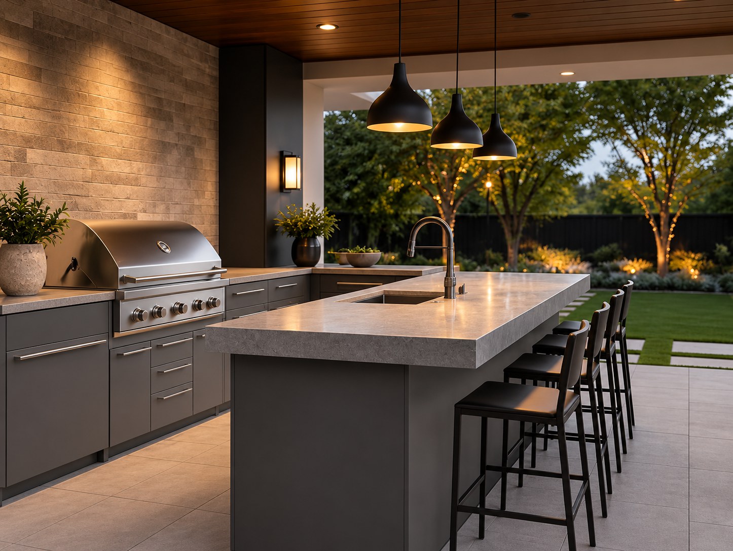 Outdoor entertaining island with matte graphite cabinets, bar seating and pendant lighting