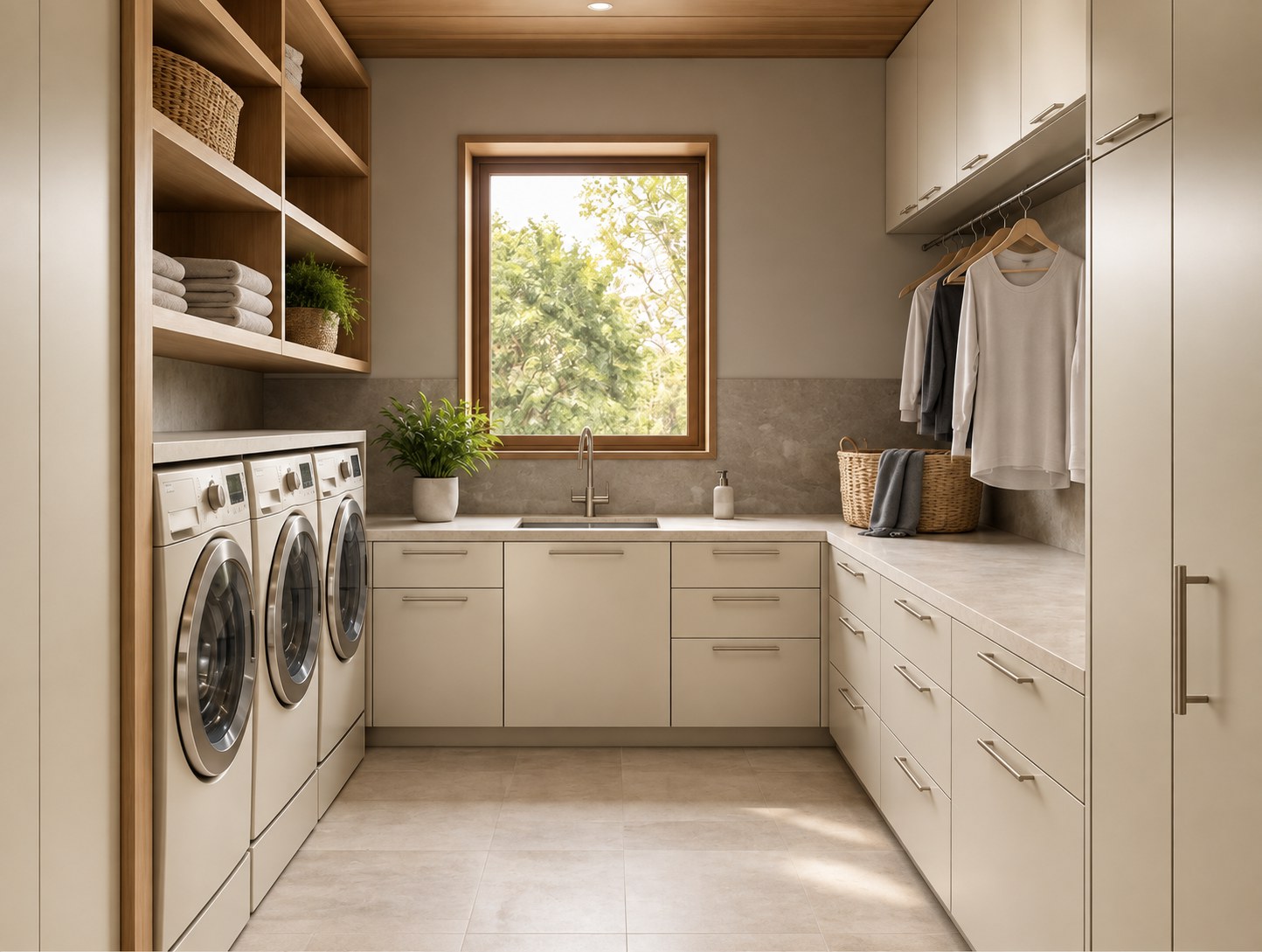 Custom laundry with ivory cabinetry, stone benchtop and integrated appliances