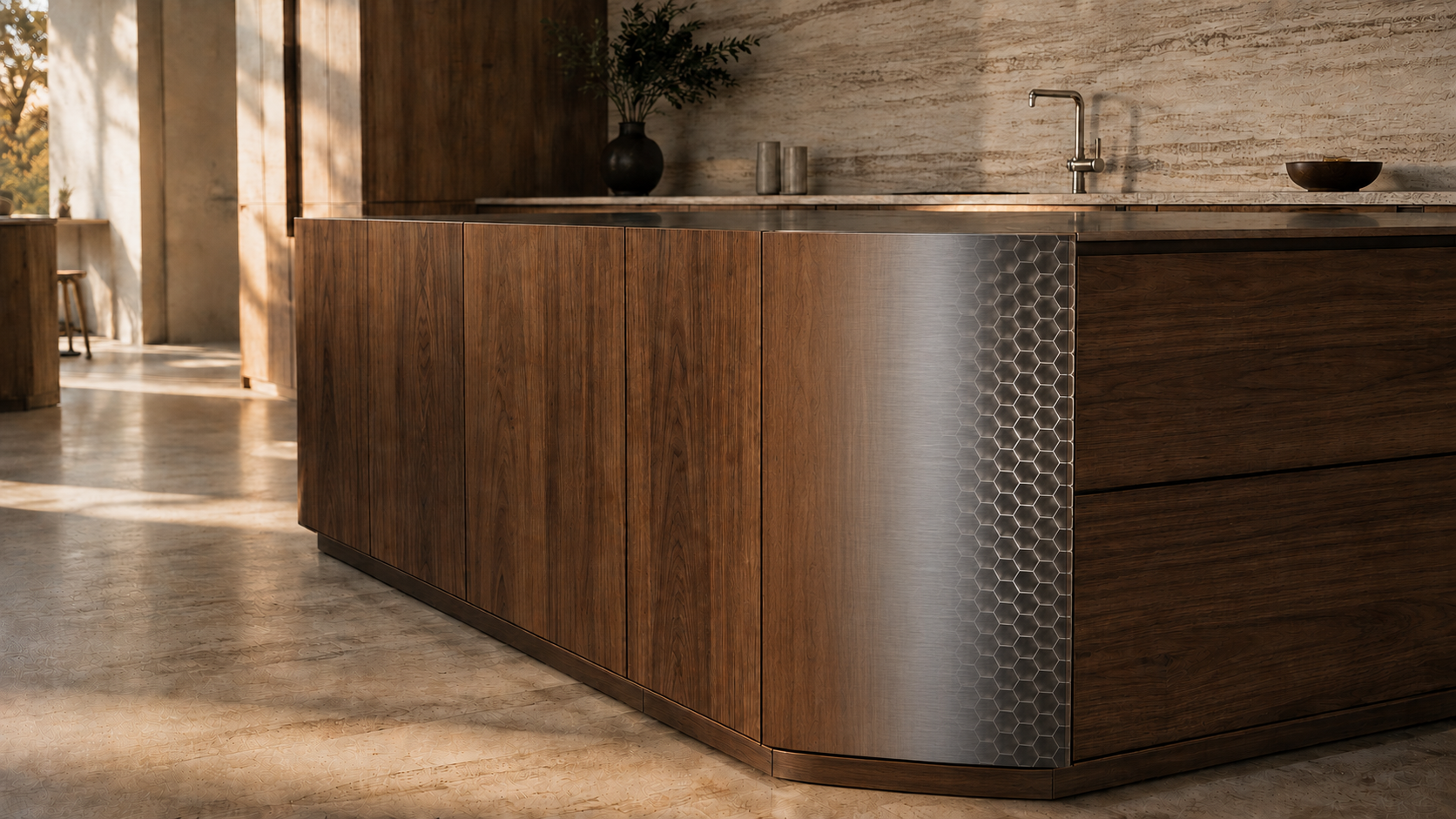 Warm timber-look kitchen island with honeycomb stainless steel detail